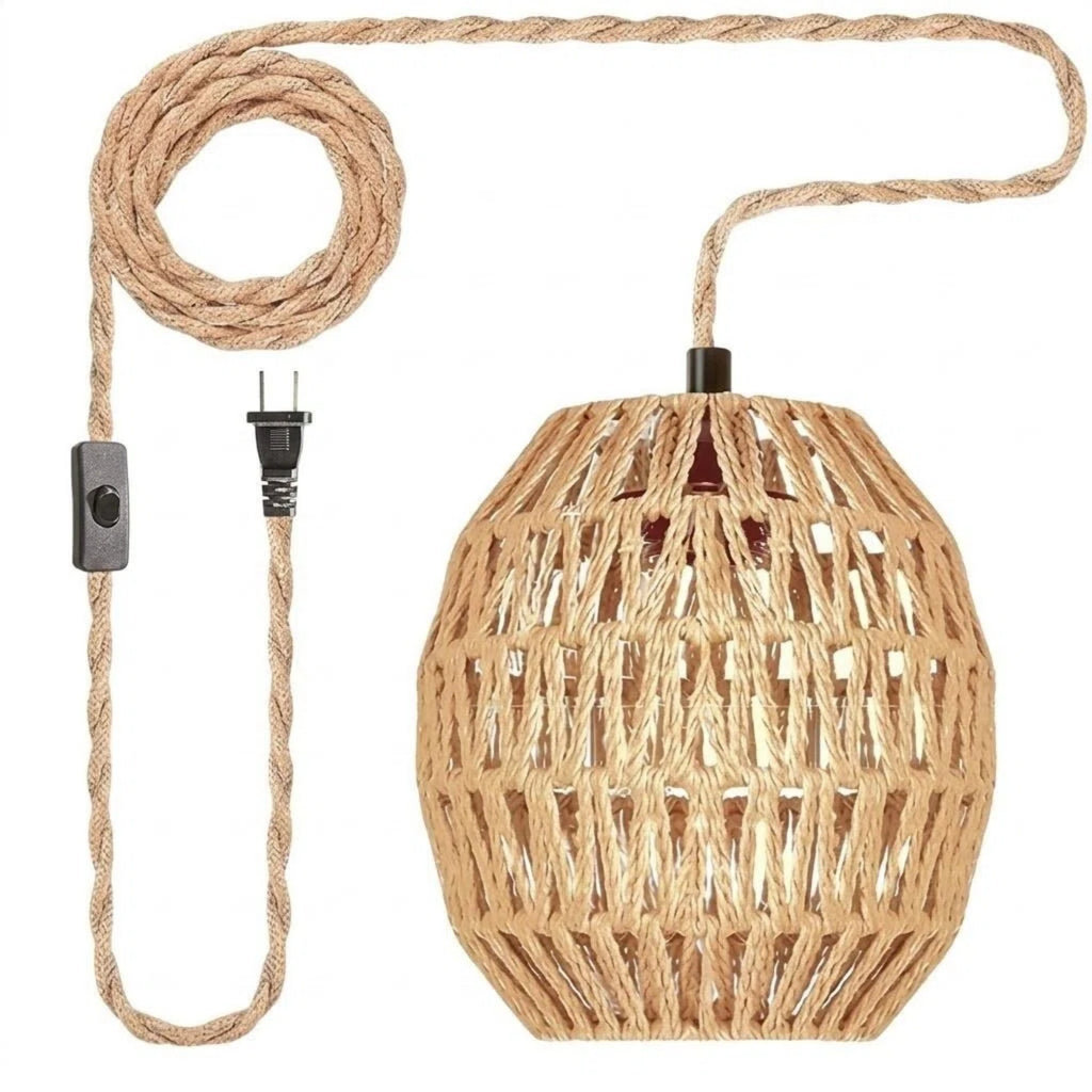 Asoricing Hanging Light Fixture Plug in, Hand Woven Rope Pendant Light for Kitchen Island, Cafe, Dining Room, Hallway, Retro Linen Hanging Lamp Kit with Plug-in Cord