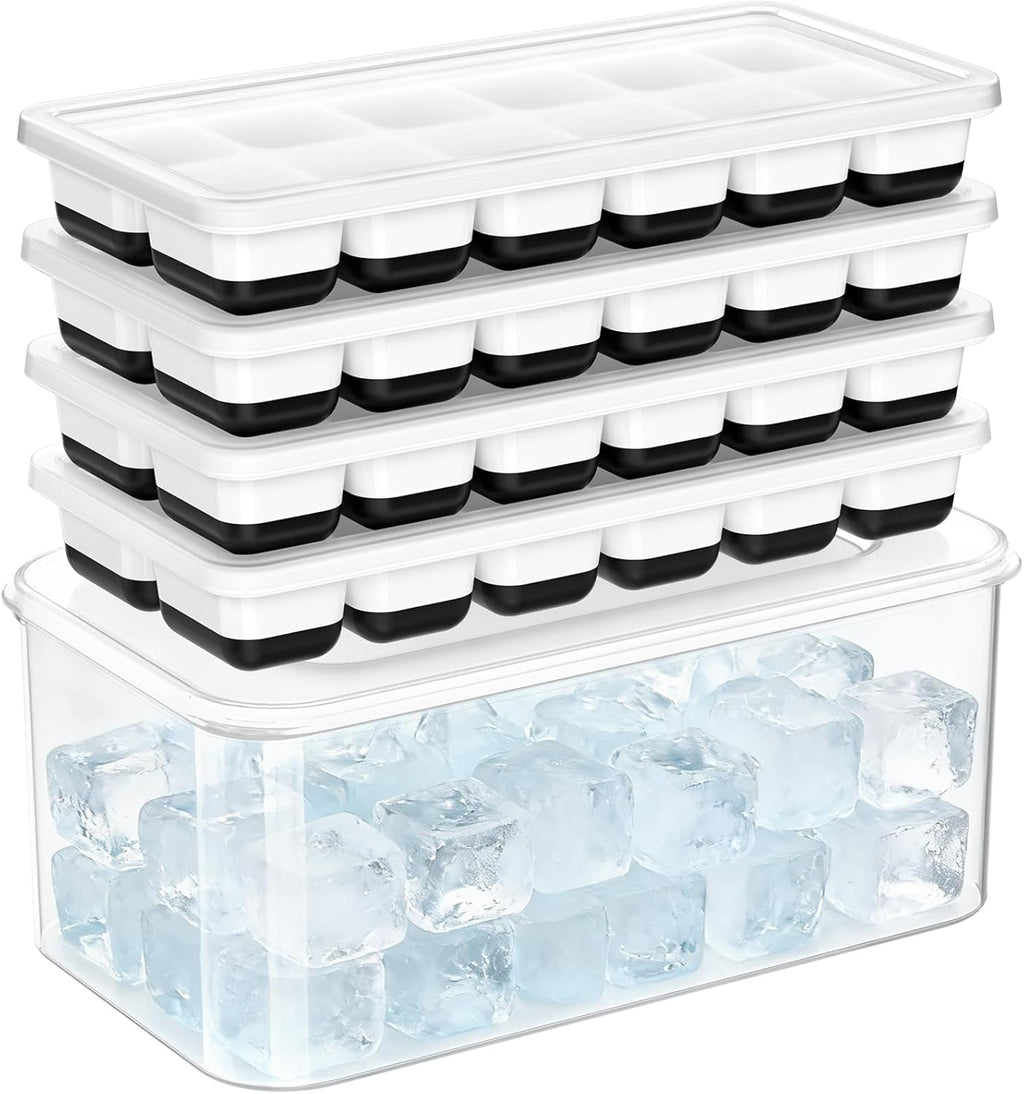 Asoricing Ice Cube Tray with Lid and Bin, 4 Pack Ice Trays for Freezer, Stackable Ice Bucket Kits with Storage Container for Kitchen, RV, Cocktail, Coffee (Black)