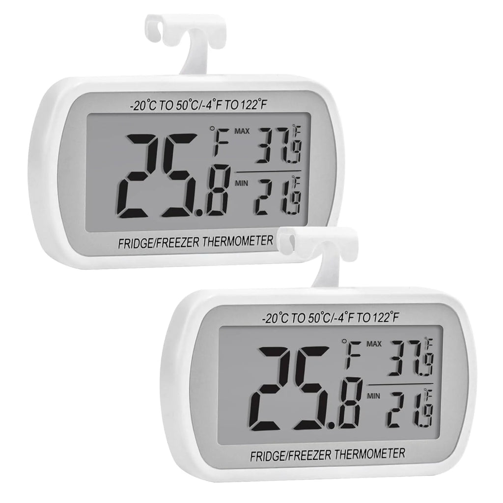 Asoricing 2 Pack Refrigerator Thermometer,Digital Fridge Freezer and Room Thermometer, Waterproof, Large LCD Display, Max/Min Record, White