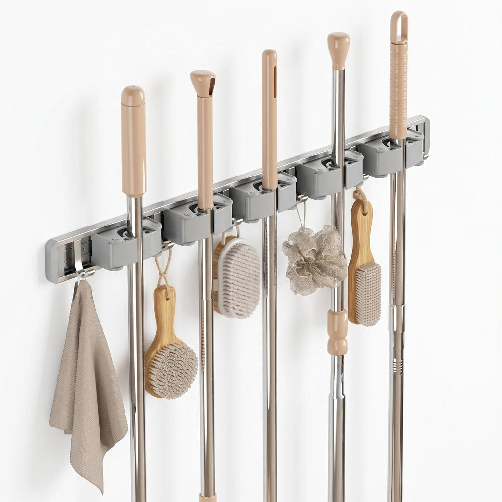 Asoricing Broom Hanger Wall Mount, Broom and Mop Organizer Wall Hanging, No Drilling Installation, Silicone Anti Slip, Space Aluminum Material, Silver