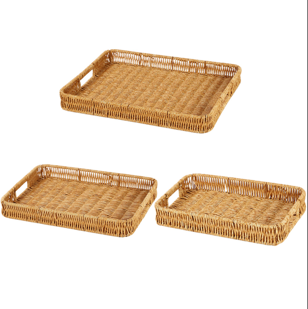 Asoricing 3-Piece Wicker Serving Trays with Handles, Rectangular Rattan Storage Baskets Set for Fruit, Bread, Snacks and Home Decor, Large to Small