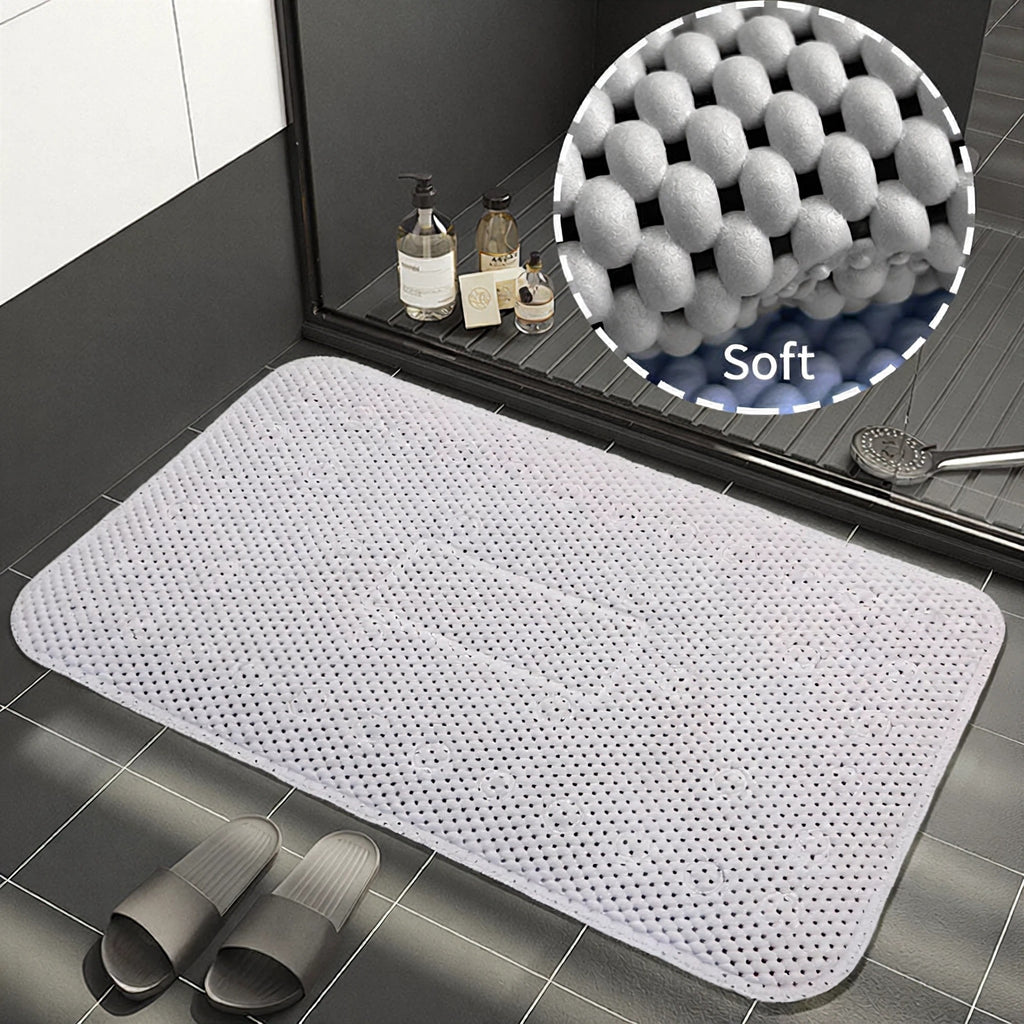 Non Slip Shower Mat, 27.56x15.75 Inch Bathtub Mat Strong Suction Cups Aesthetic Bath Mat for Inside Shower with Soft Texture, Quick-Dry Drain Holes, White