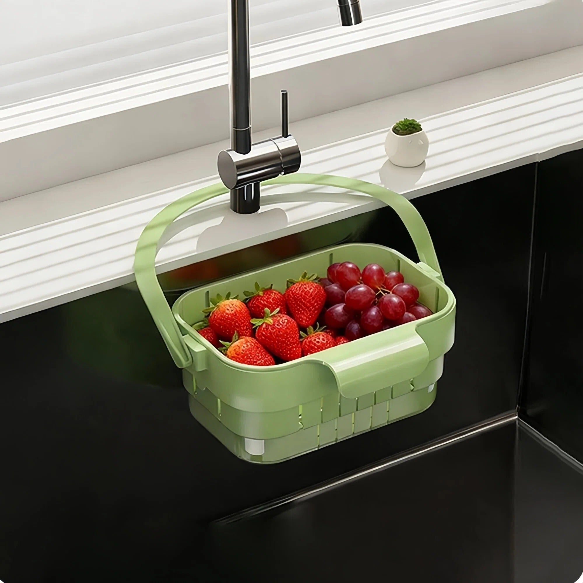 Asoricing Foldable Over-the-Sink Drain Basket, Extendable Hanging Colander Strainer for Kitchen Sink, Food Scrap Catcher & Fruit/Vegetable Rinse Basket, Space-Saving Green Drying Rack