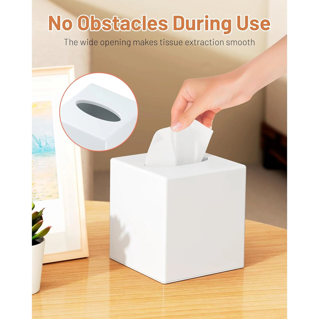 Asoricing Tissue Box Cover, Square Plastic Tissue Box Holder with Anti Slip Base, Modern Decor Facial Napkin Holder for Bathroom Vanity Countertop, Bedroom Dresser, White