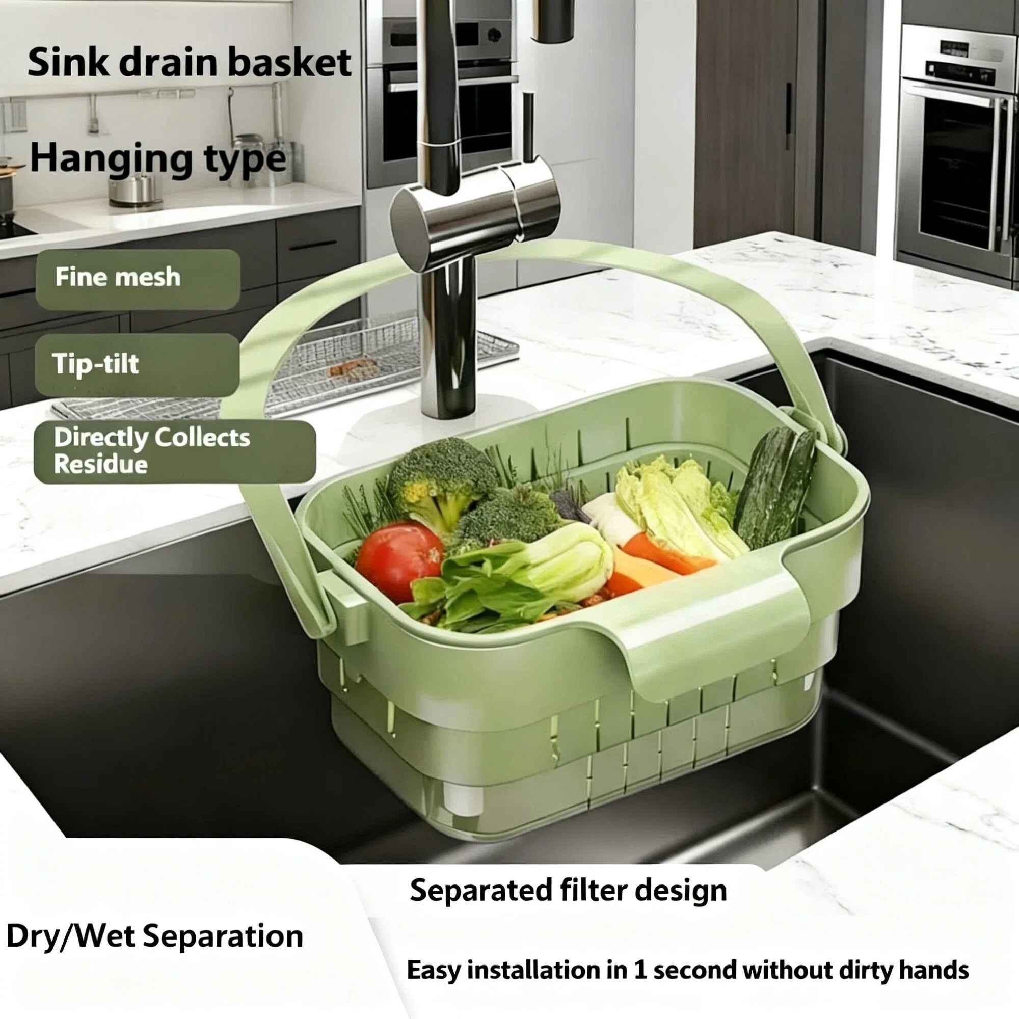 Asoricing Foldable Over-the-Sink Drain Basket, Extendable Hanging Colander Strainer for Kitchen Sink, Food Scrap Catcher & Fruit/Vegetable Rinse Basket, Space-Saving Green Drying Rack
