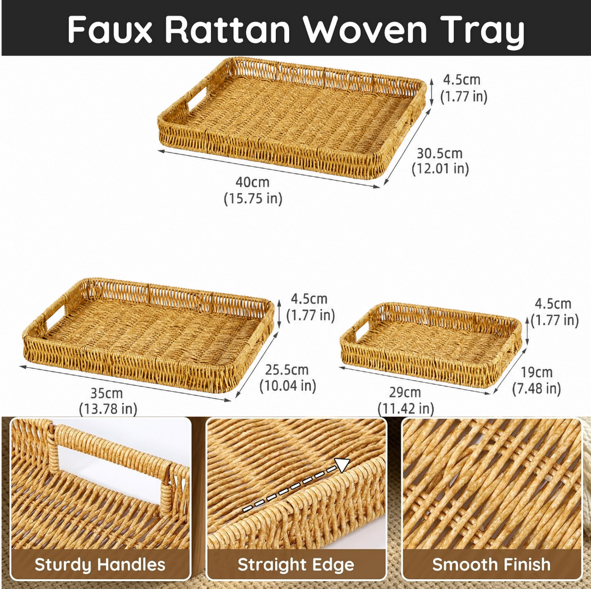 Asoricing 3-Piece Wicker Serving Trays with Handles, Rectangular Rattan Storage Baskets Set for Fruit, Bread, Snacks and Home Decor, Large to Small