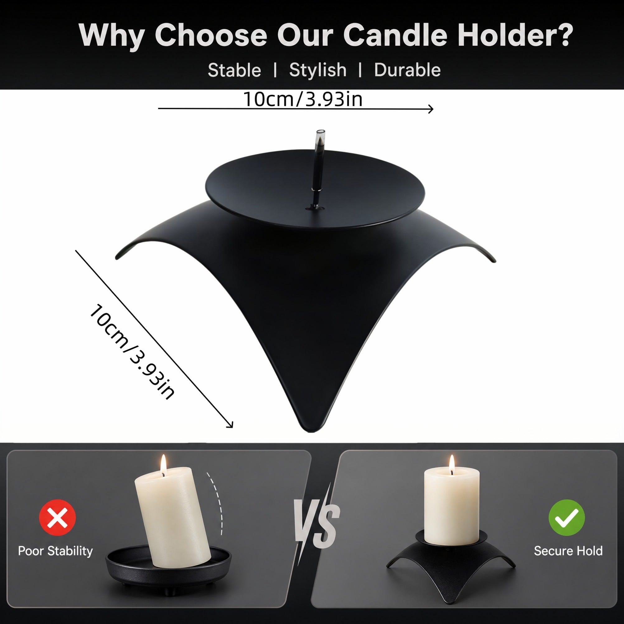 Asoricing Black Metal Candle, Decorative Iron Pillar Candle Stand for Table Centerpiece, Wedding Party & Home Decor, Modern Round Tray Base with Spike for Taper & Tealight Candles, 4 Pack