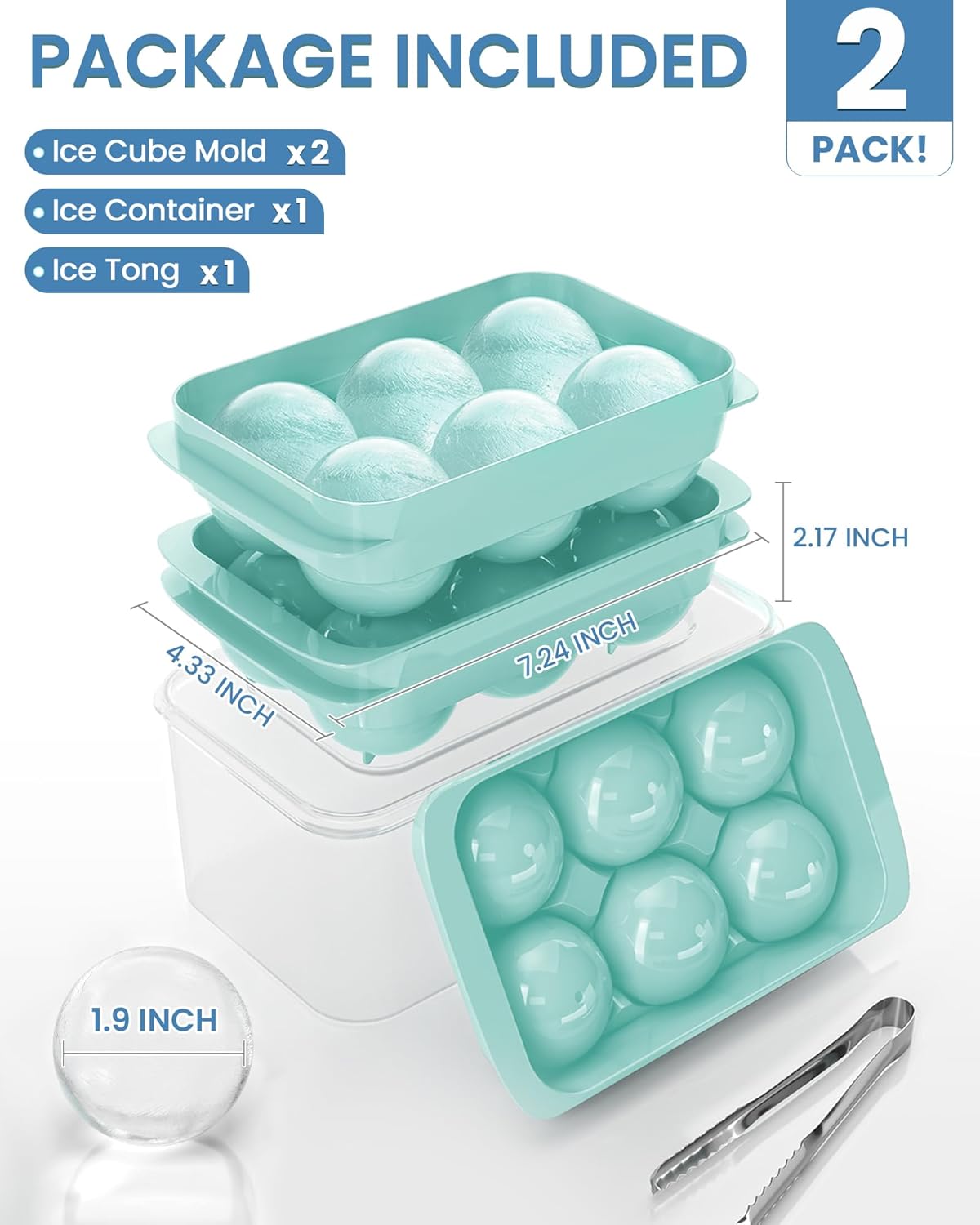 Asoricing Ice Cube Tray, Large Whiskey Ice Cube Molds, 1.93’’ Round Ice Cube Trays Set, Easy to Fill & Release with Storage Bin and Ice Tong for Whiskey Lover, 2 Pack, Mint