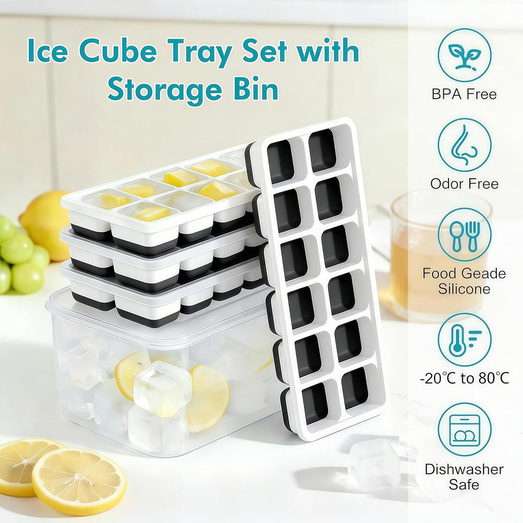 Asoricing Ice Cube Tray with Lid and Bin, 4 Pack Ice Trays for Freezer, Stackable Ice Bucket Kits with Storage Container for Kitchen, RV, Cocktail, Coffee (Black)