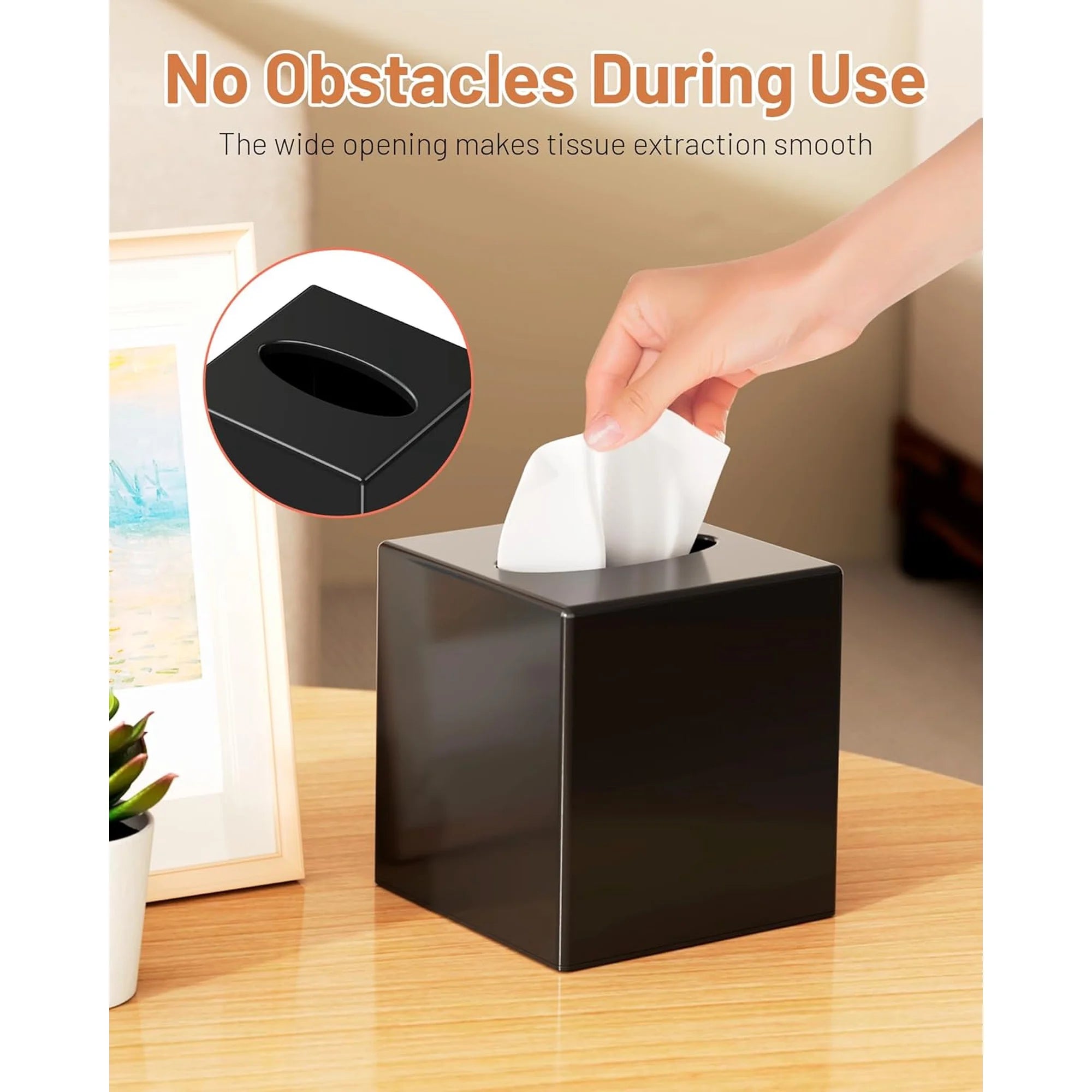 Asoricing Tissue Box Cover, Square Plastic Tissue Box Holder with Anti Slip Base, Modern Decor Facial Napkin Holder for Bathroom Vanity Countertop, Bedroom Dresser, Black