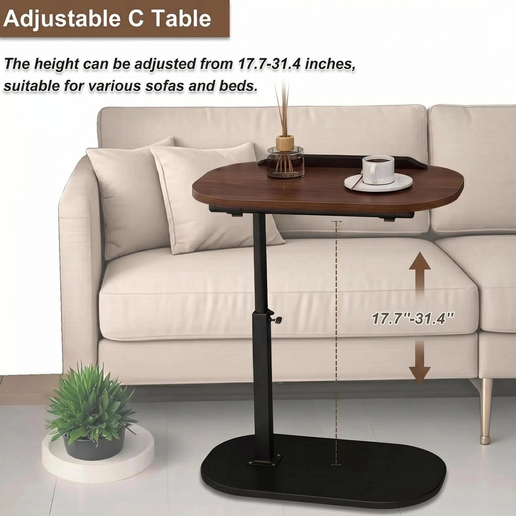 Asoricing C-Shaped Sofa Table, Swivel Side Table, Height Adjustable Couch Table for Bed & Living Room, Walnut & Black