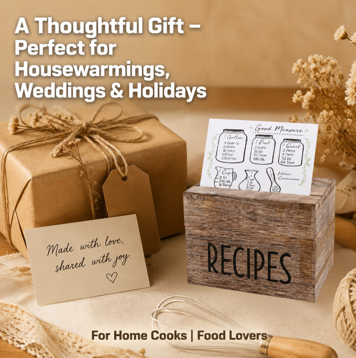 Asoricing Wood Recipe Box with 50 Recipe Cards, Rustic Wooden Recipe Box with Dividers and Conversion Card, Kitchen Counter Organizer
