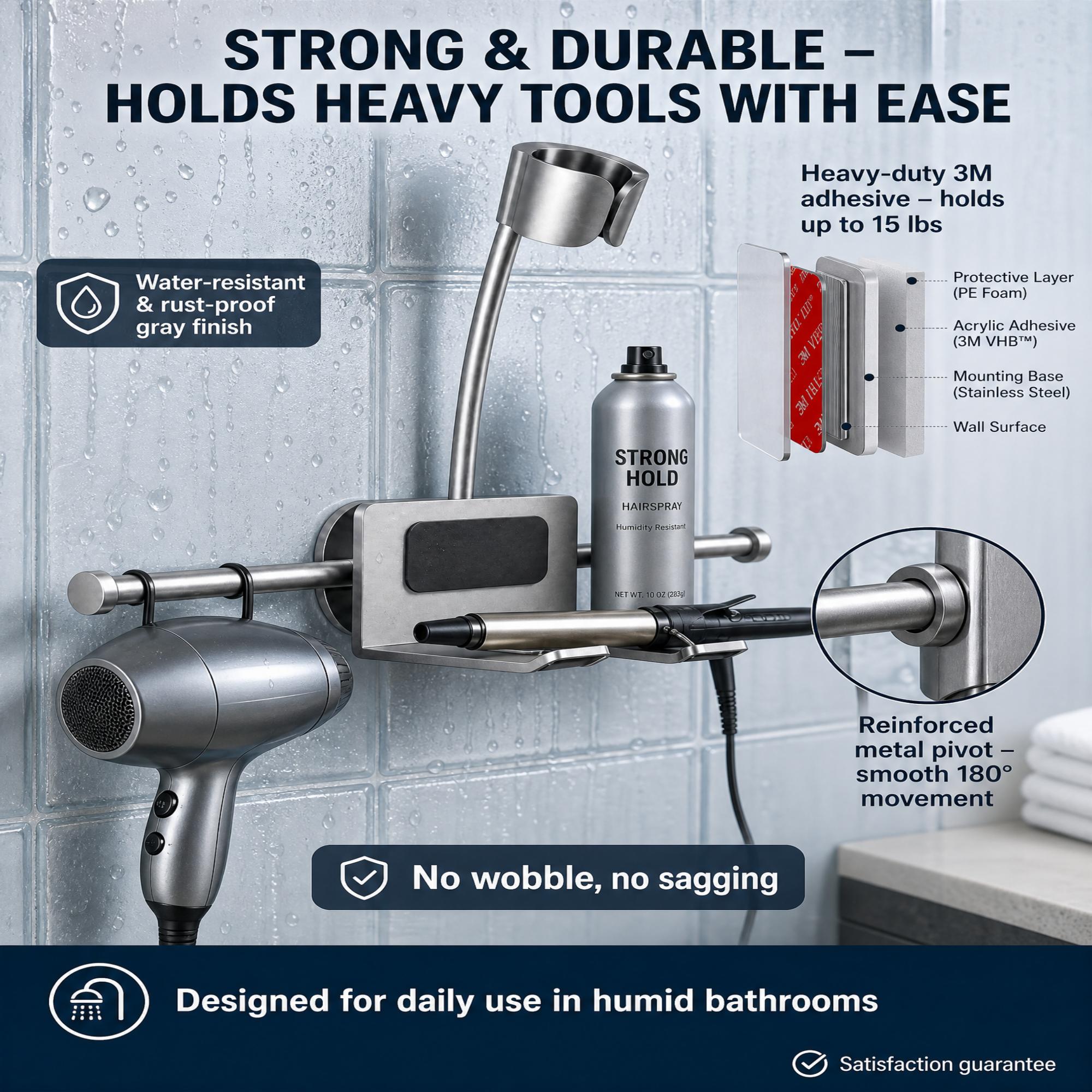Asoricing Wall-Mount Hair Dryer Holder with Shelf, No-Drill Adhesive Hands-Free Blow Dryer Stand,180° Rotating Adjustable Hair Tool Organizer for Bathroom, Fits Curling Iron & Flat Iron