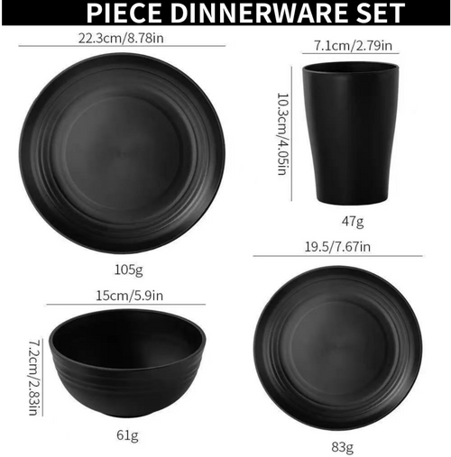 Asoricing 16-Piece Wheat Straw Dinnerware Set, Black Plates Bowls and Cups Set for 4, Unbreakable Plastic Dishes for Kitchen, Camping, RV, Dishwasher Safe