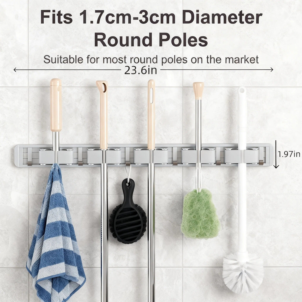 Asoricing Broom Hanger Wall Mount, Broom and Mop Organizer Wall Hanging, No Drilling Installation, Silicone Anti Slip, Space Aluminum Material, Silver