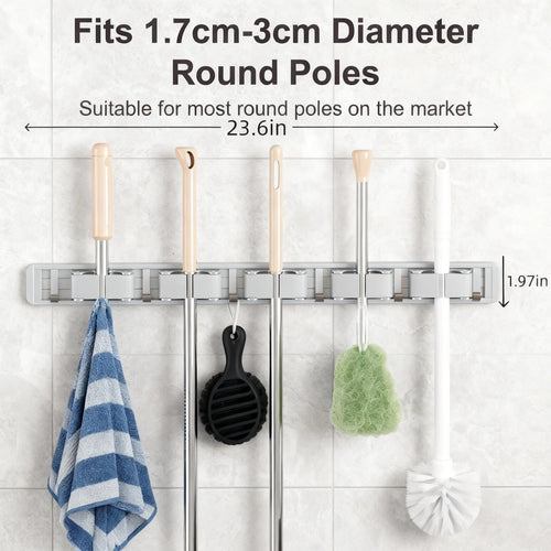 Asoricing Broom Hanger Wall Mount, Broom and Mop Organizer Wall Hanging, No Drilling Installation, Silicone Anti Slip, Space Aluminum Material, Silver