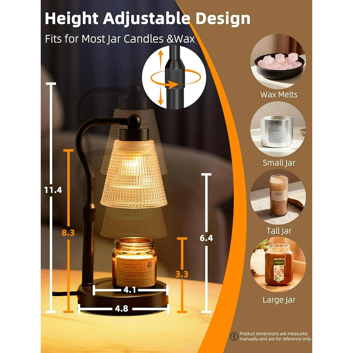 Asoricing Candle Warmer Lamp for Jar Candles, Dimmable Adjustable Height Wax Warmer for Jar Candles with 2/4/8H Timer,2×50W Halogen Bulbs Included, Smokeless Flameless for Bedroom Living Room