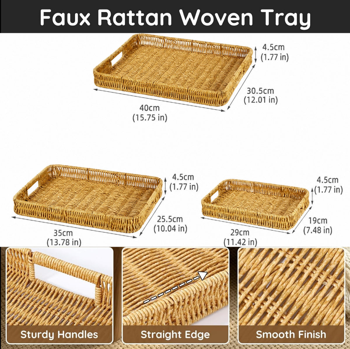 Asoricing 3-Piece Wicker Serving Trays with Handles, Rectangular Rattan Storage Baskets Set for Fruit, Bread, Snacks and Home Decor, Large to Small