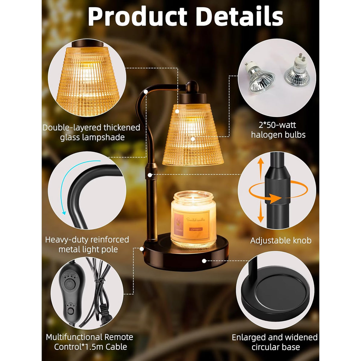 Asoricing Candle Warmer Lamp, Height Adjustable & Dimmable with 2/4/8H Timer, 2*50W Halogen Wax Melter Warmer for Home Office Décor, Flameless & Smokeless, Gift for Women Mom, Black-Amber