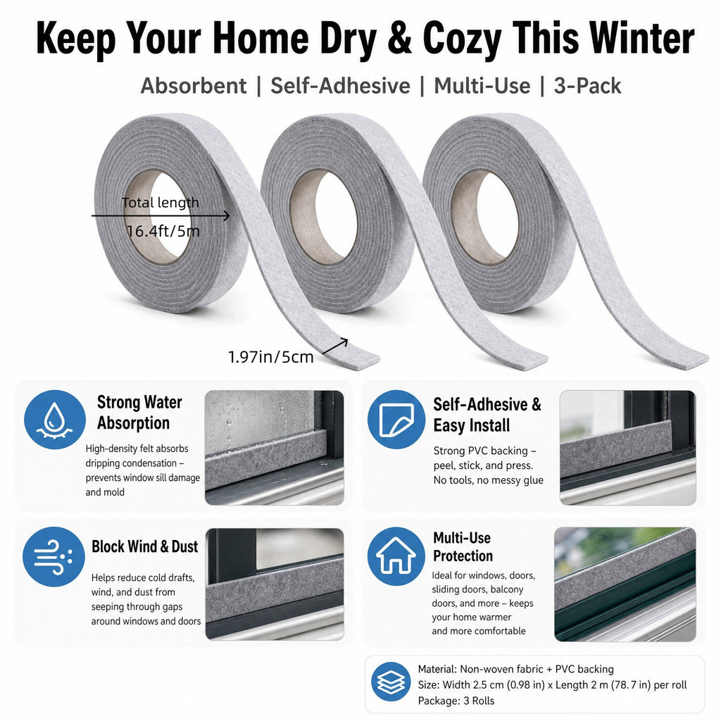 Asoricing 3 Rolls Window Condensation Absorber Strip, 16.4 ft x 2 in Felt Moisture Tape for Window Sills