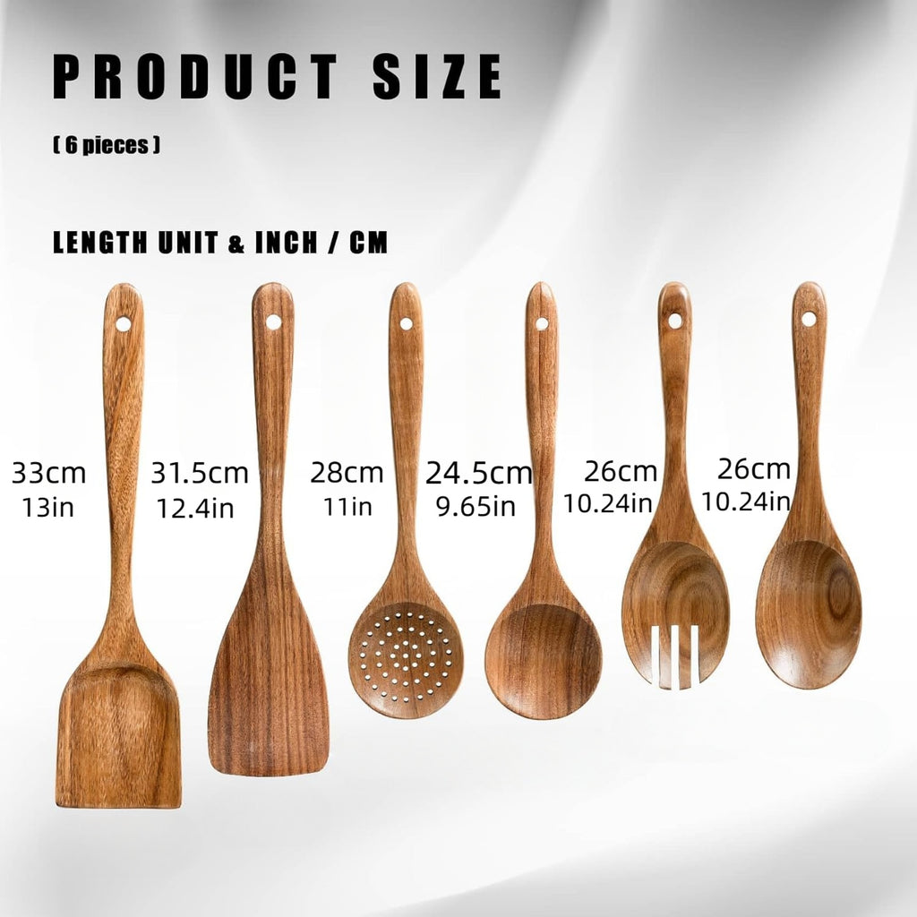 Asoricing 6-Piece Wooden Cooking Utensil Set with Storage Box, Acacia Wood Kitchen Spatula and Spoon Set for Nonstick Cookware, Long Handle Heat Resistant Cooking Tools