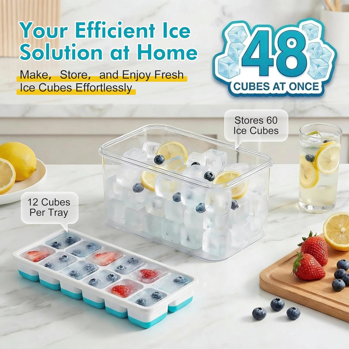 Asoricing Ice Cube Tray with Lid and Bin, 4 Pack Ice Trays for Freezer, Stackable Ice Bucket Kits with Storage Container for Kitchen, RV, Cocktail, Coffee