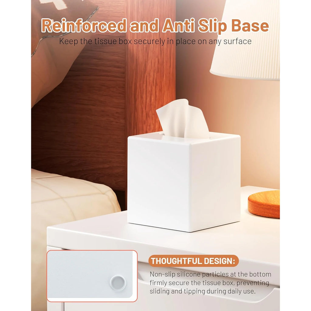 Asoricing Tissue Box Cover, Square Plastic Tissue Box Holder with Anti Slip Base, Modern Decor Facial Napkin Holder for Bathroom Vanity Countertop, Bedroom Dresser, White