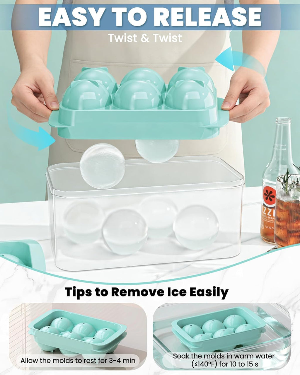 Asoricing Ice Cube Tray, Large Whiskey Ice Cube Molds, 1.93’’ Round Ice Cube Trays Set, Easy to Fill & Release with Storage Bin and Ice Tong for Whiskey Lover, 2 Pack, Mint
