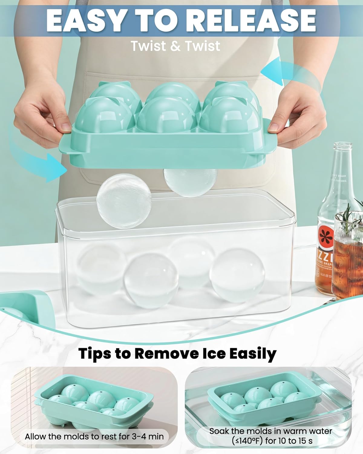 Asoricing Ice Cube Tray, Large Whiskey Ice Cube Molds, 1.93’’ Round Ice Cube Trays Set, Easy to Fill & Release with Storage Bin and Ice Tong for Whiskey Lover, 2 Pack, Mint