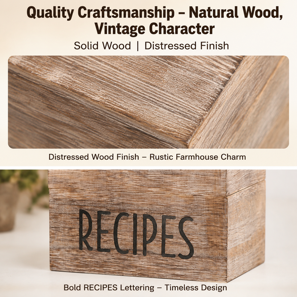Asoricing Wood Recipe Box with 50 Recipe Cards, Rustic Wooden Recipe Box with Dividers and Conversion Card, Kitchen Counter Organizer