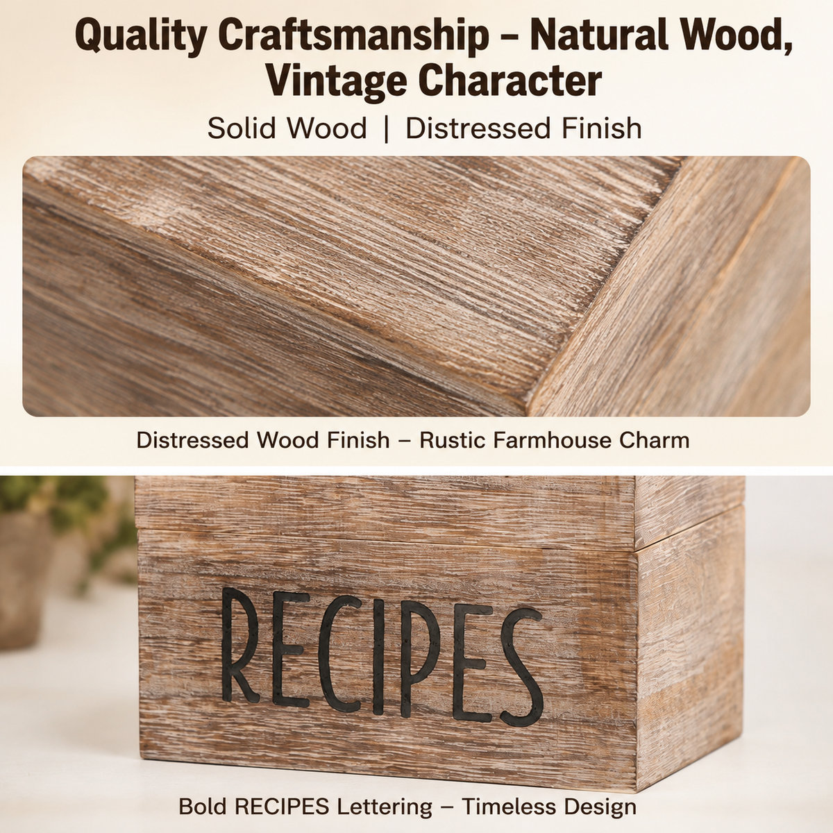 Asoricing Wood Recipe Box with 50 Recipe Cards, Rustic Wooden Recipe Box with Dividers and Conversion Card, Kitchen Counter Organizer