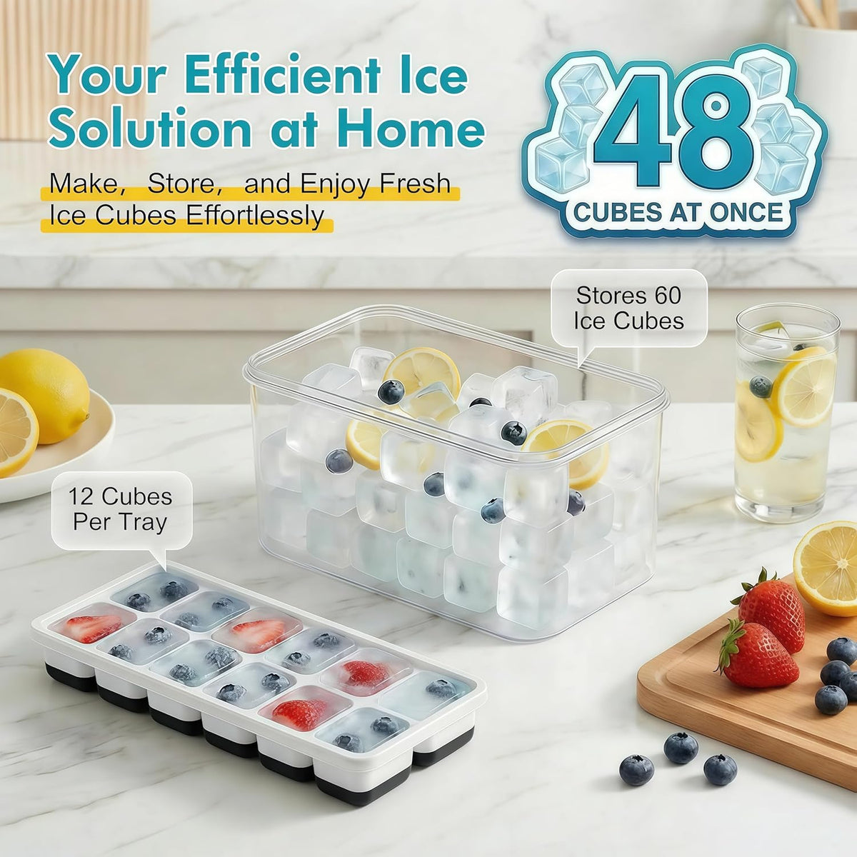 Asoricing Ice Cube Tray with Lid and Bin, 4 Pack Ice Trays for Freezer, Stackable Ice Bucket Kits with Storage Container for Kitchen, RV, Cocktail, Coffee (Black)