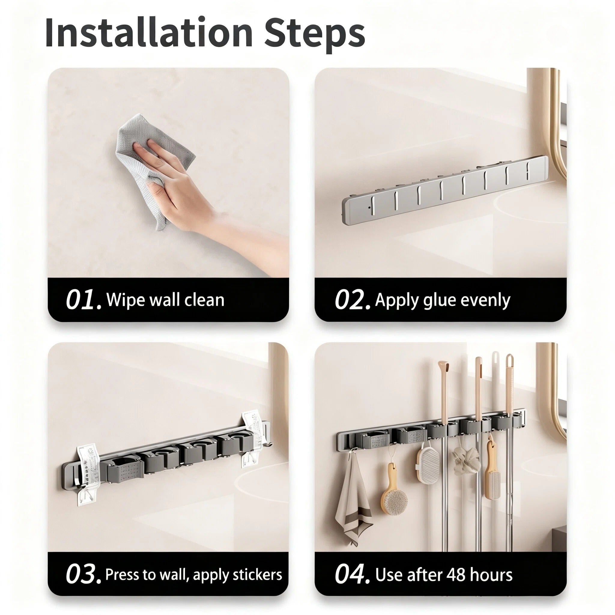 Asoricing Broom Holder Wall Mount, Broom and Mop Organizer Wall Hanging, No Drilling Installation, Silicone Anti Slip, Space Aluminum, Gunmetal Gray