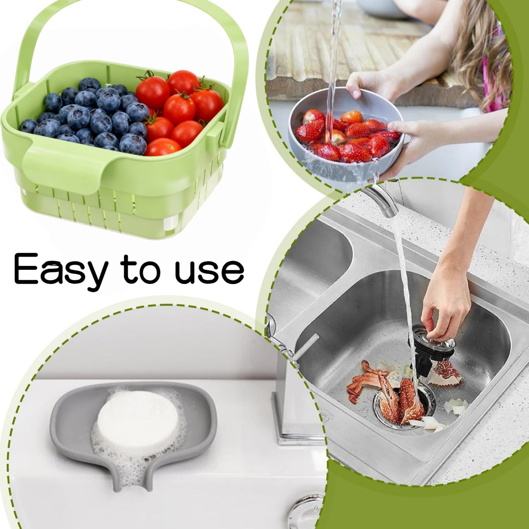 Asoricing Foldable Over-the-Sink Drain Basket, Extendable Hanging Colander Strainer for Kitchen Sink, Food Scrap Catcher & Fruit/Vegetable Rinse Basket, Space-Saving Green Drying Rack