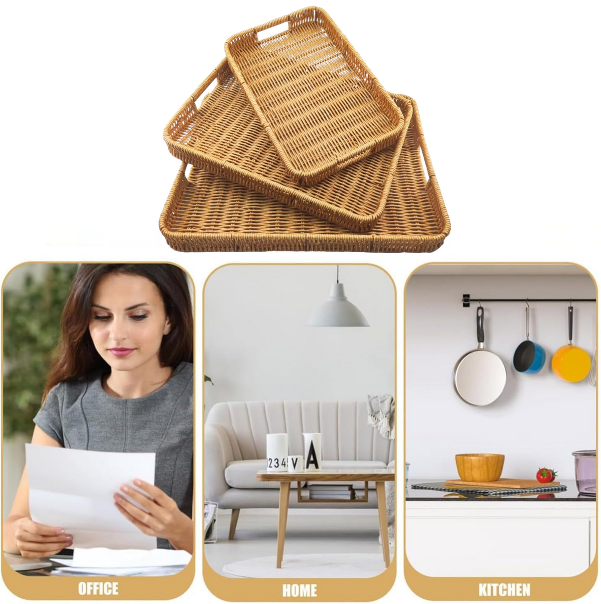 Asoricing 3-Piece Wicker Serving Trays with Handles, Rectangular Rattan Storage Baskets Set for Fruit, Bread, Snacks and Home Decor, Large to Small