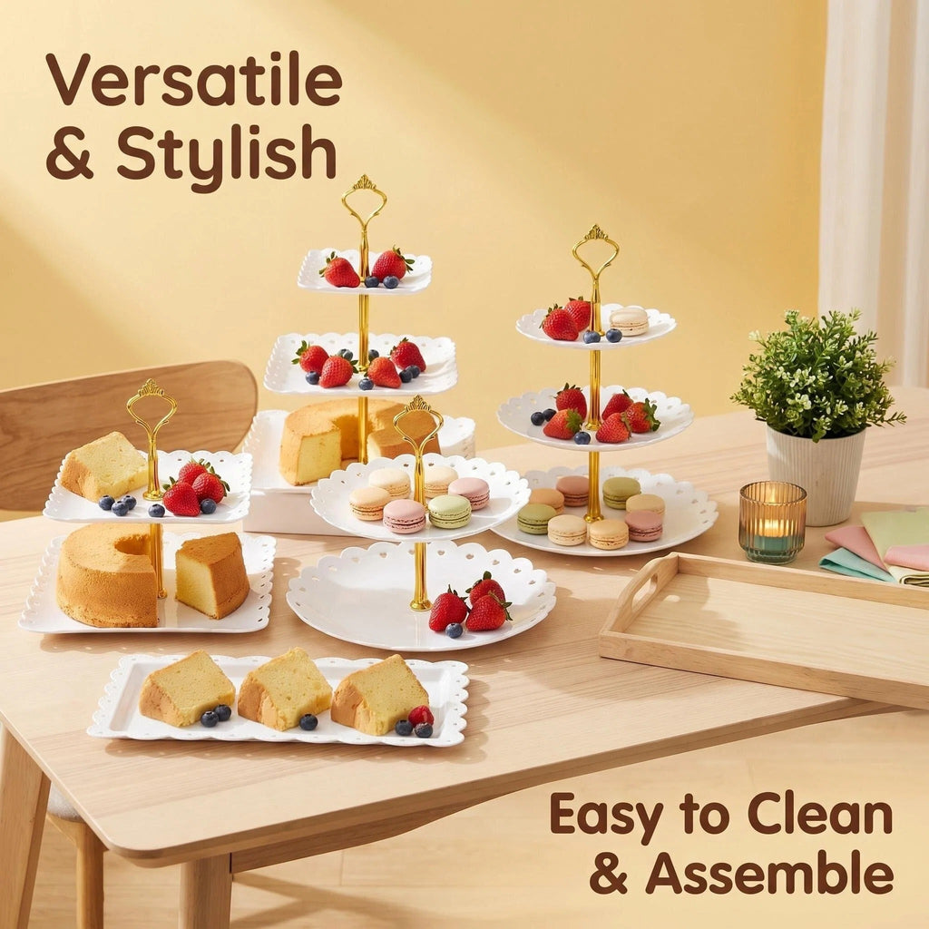 Asoricing Cake Stand, Cupcake Stand, Dessert Table Display Set, Peach Edged White, 2 Triple Layers, 2 Double Layers, 2 Square Plates