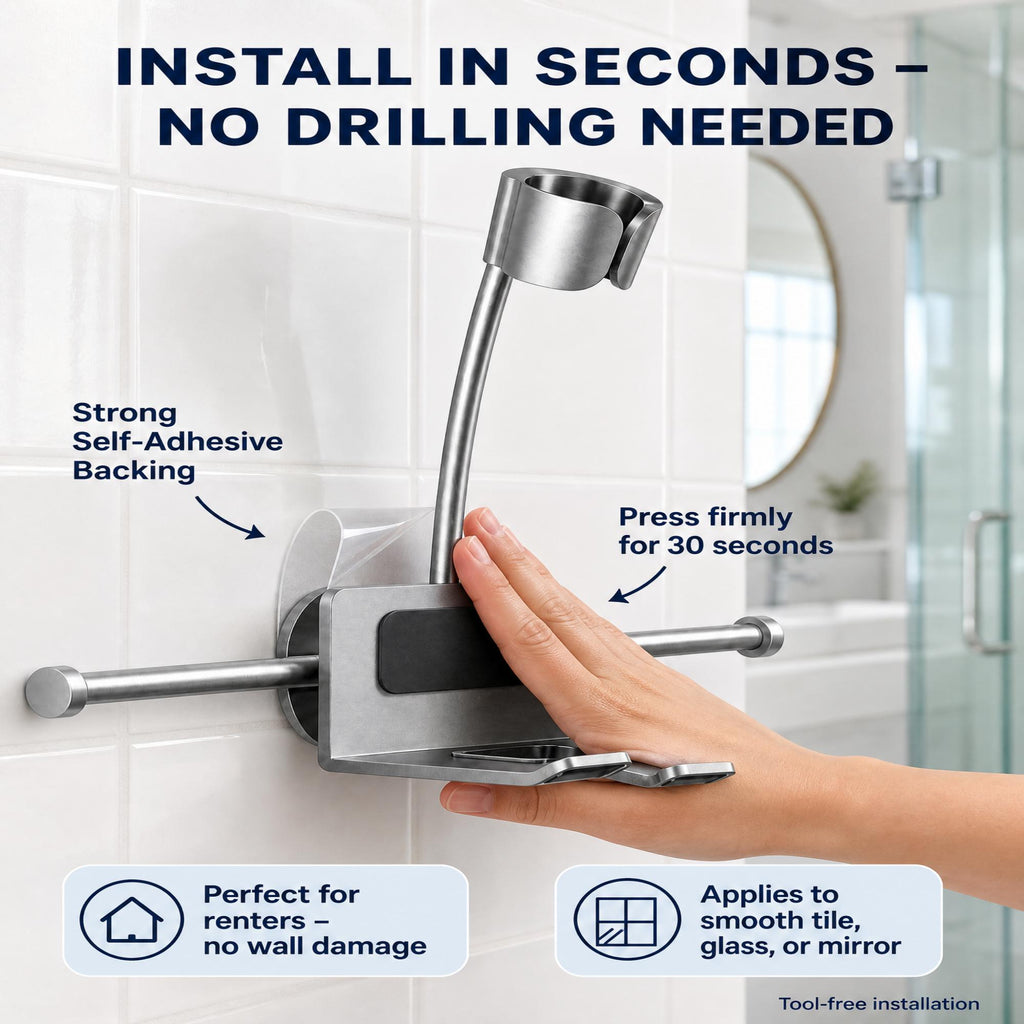 Asoricing Wall-Mount Hair Dryer Holder with Shelf, No-Drill Adhesive Hands-Free Blow Dryer Stand,180° Rotating Adjustable Hair Tool Organizer for Bathroom, Fits Curling Iron & Flat Iron
