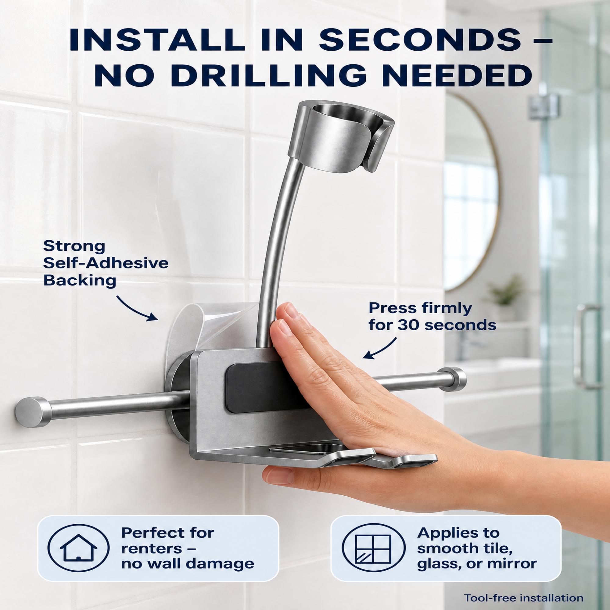 Asoricing Wall-Mount Hair Dryer Holder with Shelf, No-Drill Adhesive Hands-Free Blow Dryer Stand,180° Rotating Adjustable Hair Tool Organizer for Bathroom, Fits Curling Iron & Flat Iron