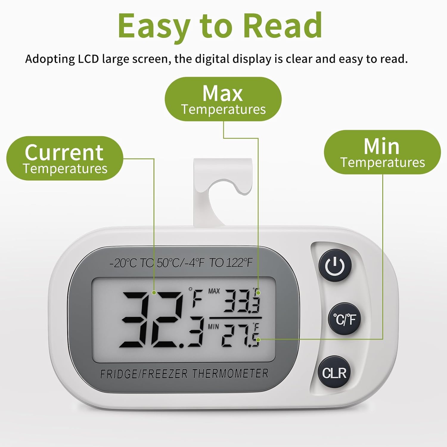Asoricing Digital Frigerator Thermometer 2 Pack, Thermometer Refrigerator with Large LCD Screen, Stand and Magnetic Back, for Room,Kitchen(White)
