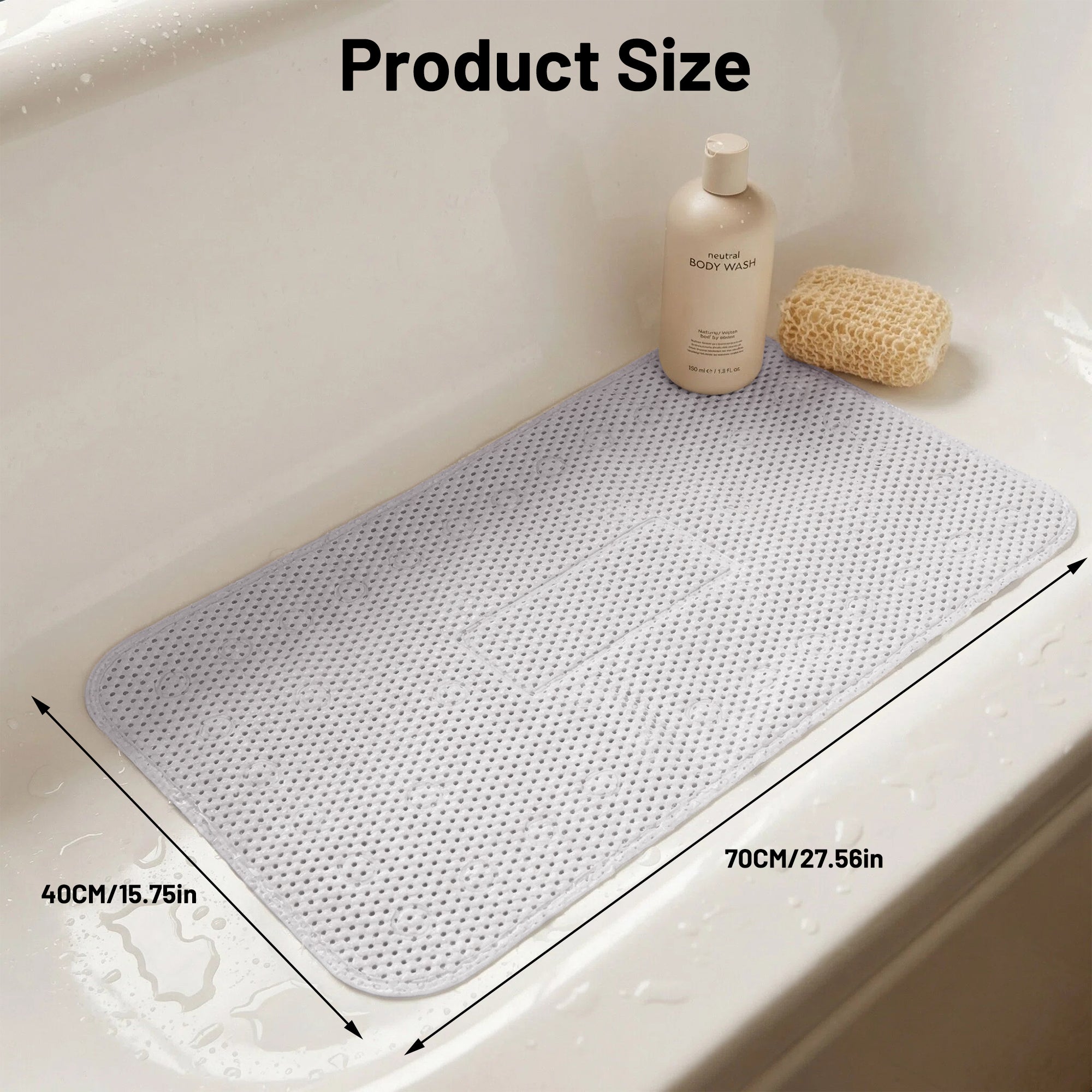 Non Slip Shower Mat, 27.56x15.75 Inch Bathtub Mat Strong Suction Cups Aesthetic Bath Mat for Inside Shower with Soft Texture, Quick-Dry Drain Holes, White