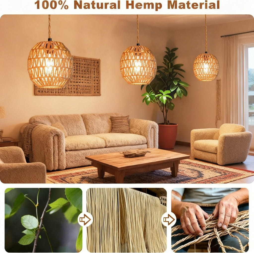 Asoricing Hanging Light Fixture Plug in, Hand Woven Rope Pendant Light for Kitchen Island, Cafe, Dining Room, Hallway, Retro Linen Hanging Lamp Kit with Plug-in Cord