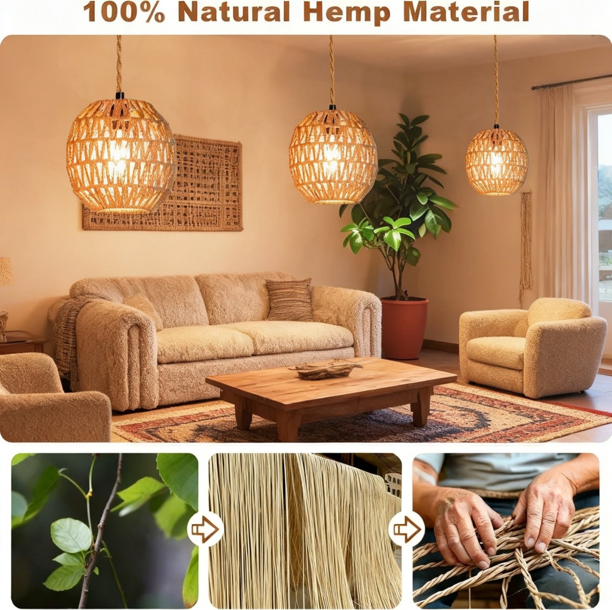 Asoricing Hanging Light Fixture Plug in, Hand Woven Rope Pendant Light for Kitchen Island, Cafe, Dining Room, Hallway, Retro Linen Hanging Lamp Kit with Plug-in Cord