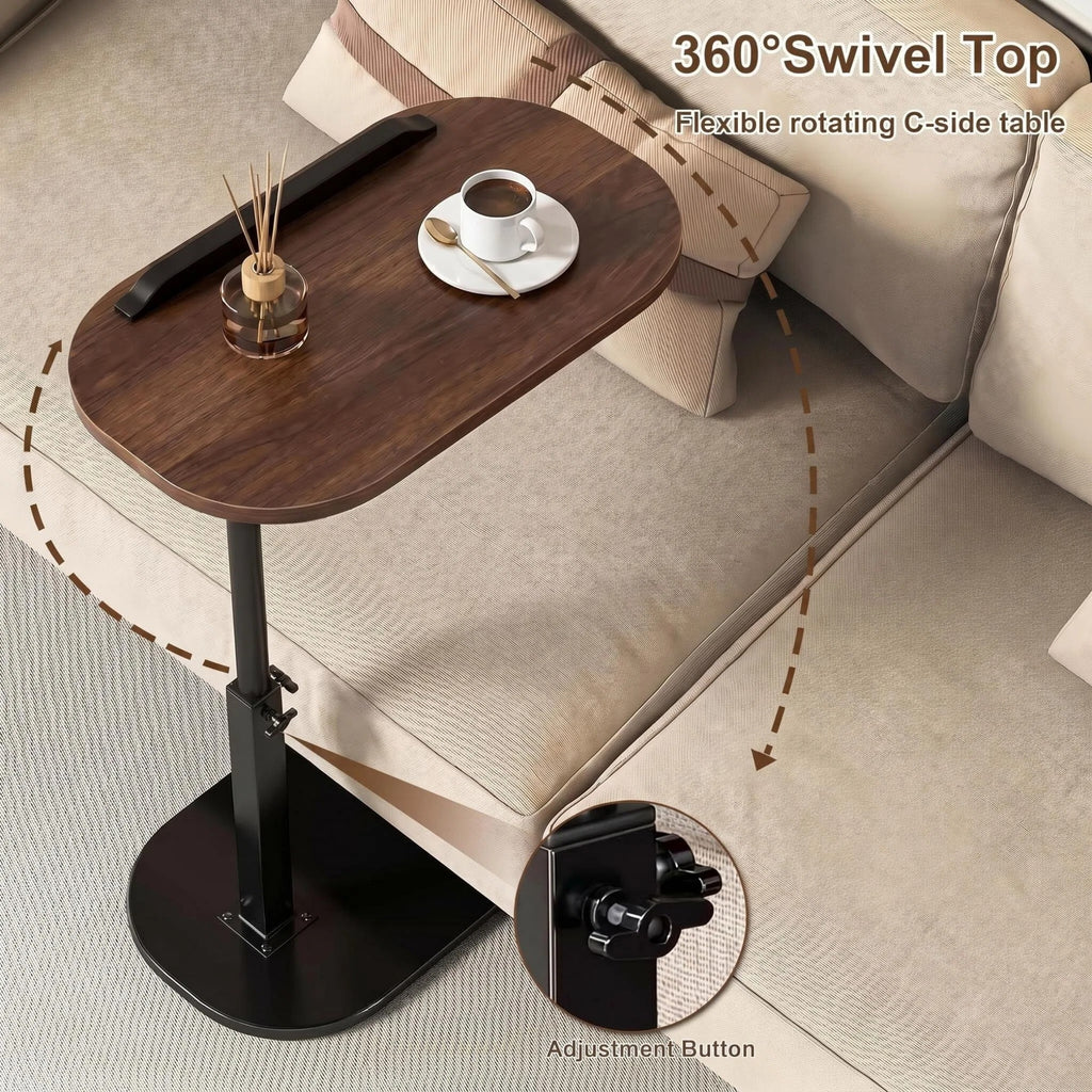 Asoricing C-Shaped Sofa Table, Swivel Side Table, Height Adjustable Couch Table for Bed & Living Room, Walnut & Black