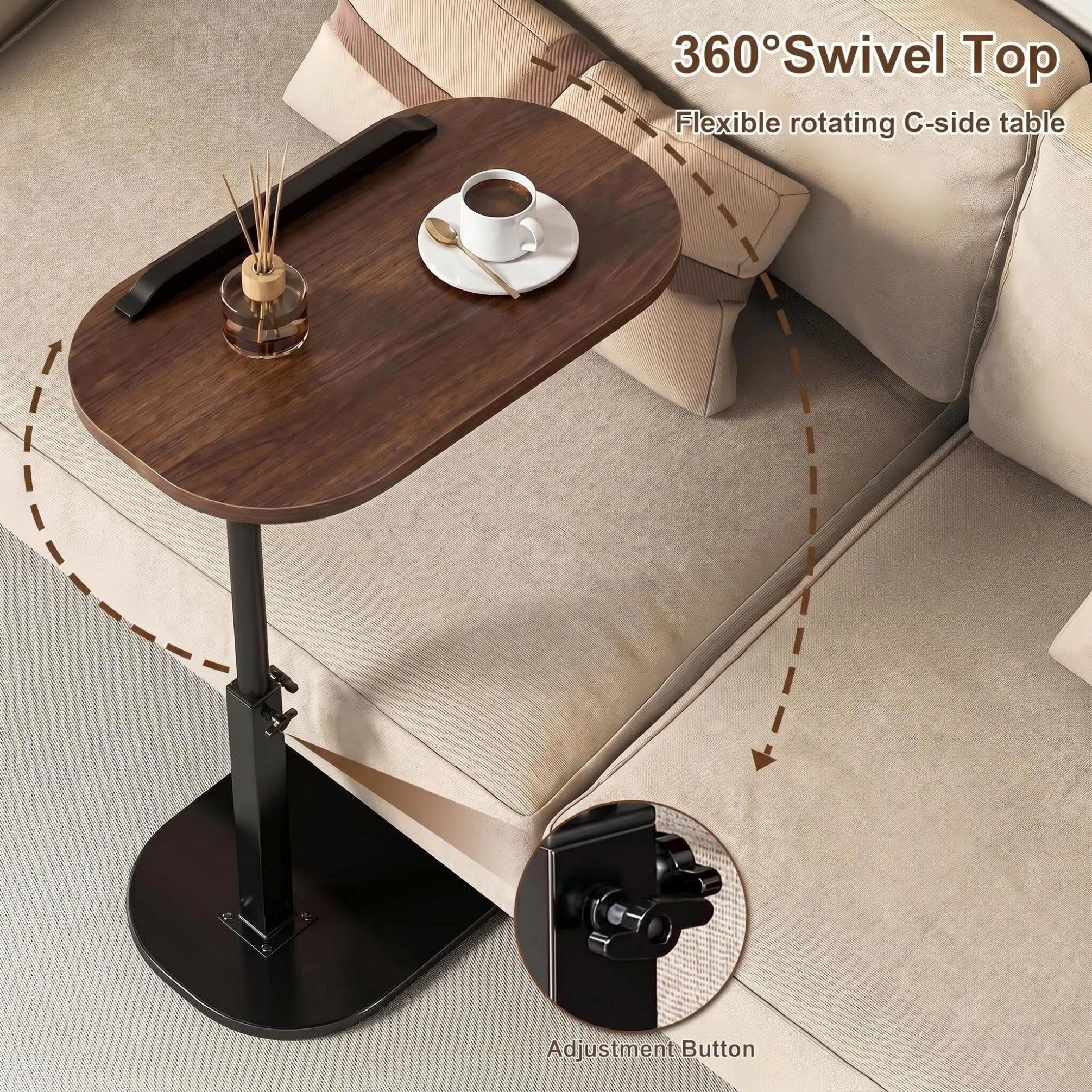 Asoricing C-Shaped Sofa Table, Swivel Side Table, Height Adjustable Couch Table for Bed & Living Room, Walnut & Black