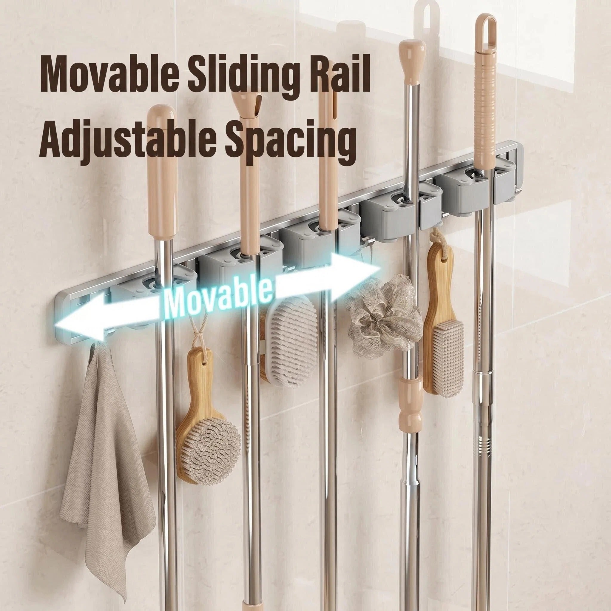Asoricing Broom Hanger Wall Mount, Broom and Mop Organizer Wall Hanging, No Drilling Installation, Silicone Anti Slip, Space Aluminum Material, Silver