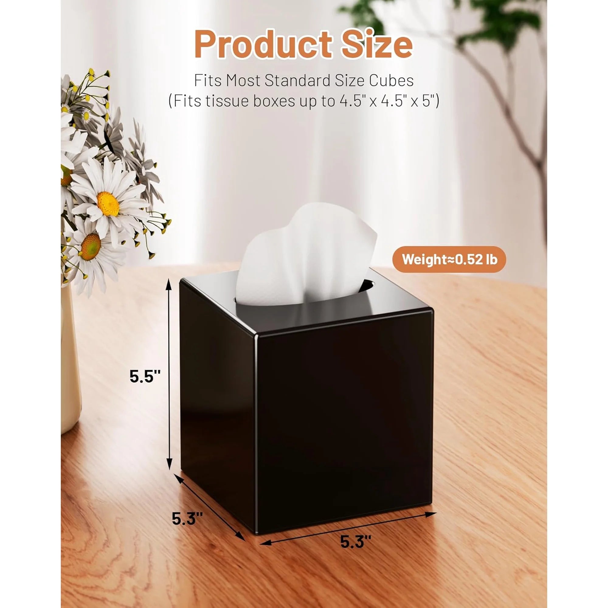 Asoricing Tissue Box Cover, Square Plastic Tissue Box Holder with Anti Slip Base, Modern Decor Facial Napkin Holder for Bathroom Vanity Countertop, Bedroom Dresser, Black