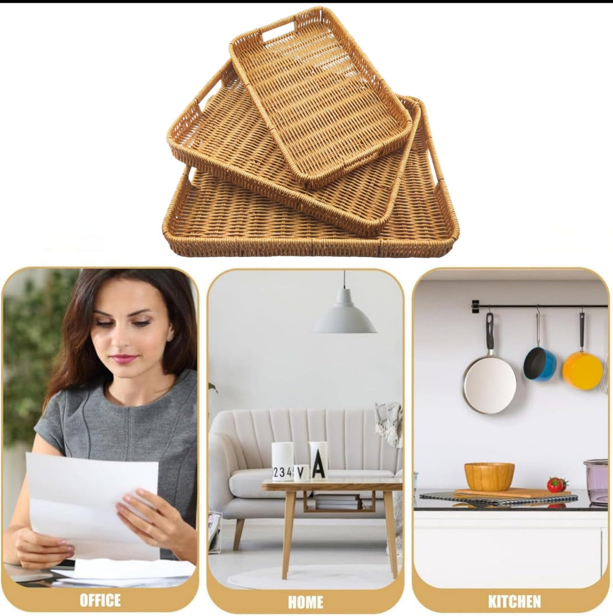 Asoricing 3-Piece Wicker Serving Trays with Handles, Rectangular Rattan Storage Baskets Set for Fruit, Bread, Snacks and Home Decor, Large to Small