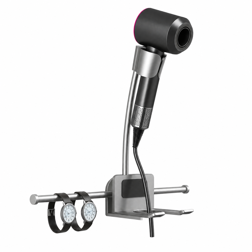 Asoricing Wall-Mount Hair Dryer Holder with Shelf, No-Drill Adhesive Hands-Free Blow Dryer Stand,180° Rotating Adjustable Hair Tool Organizer for Bathroom, Fits Curling Iron & Flat Iron