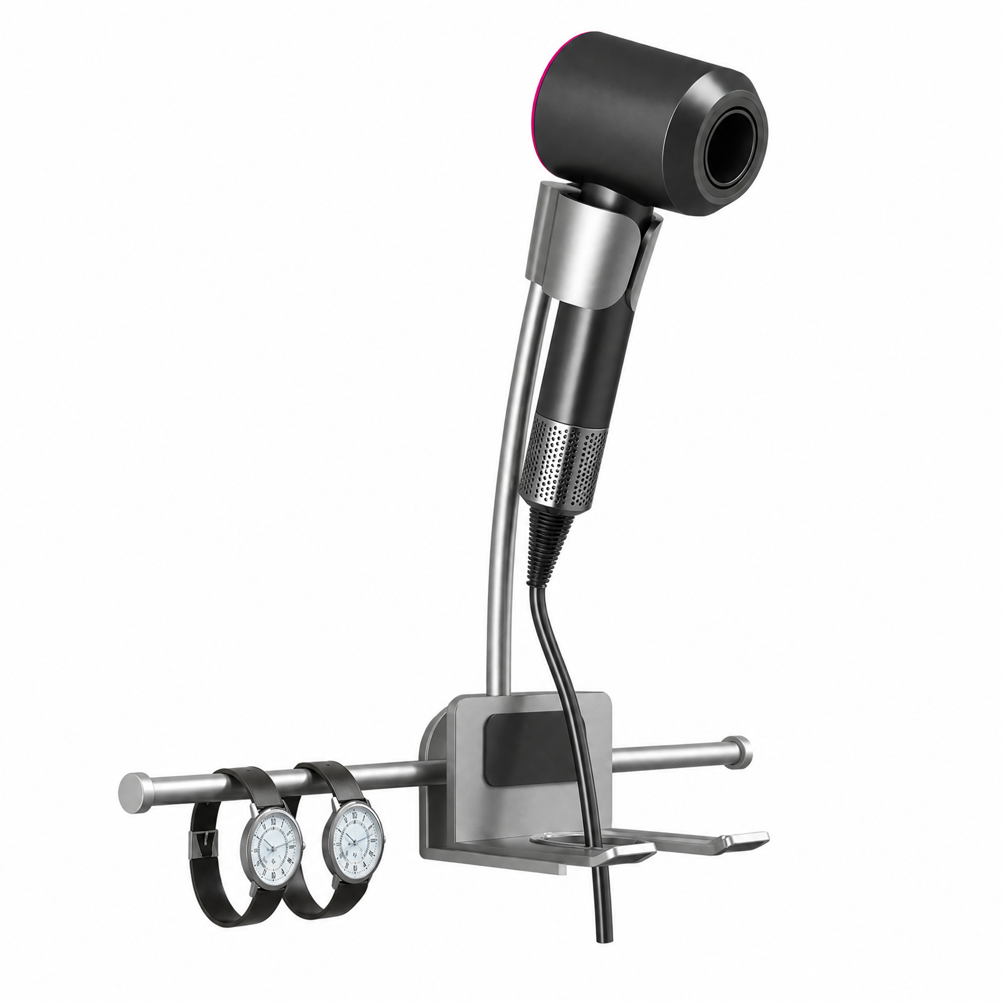Asoricing Wall-Mount Hair Dryer Holder with Shelf, No-Drill Adhesive Hands-Free Blow Dryer Stand,180° Rotating Adjustable Hair Tool Organizer for Bathroom, Fits Curling Iron & Flat Iron