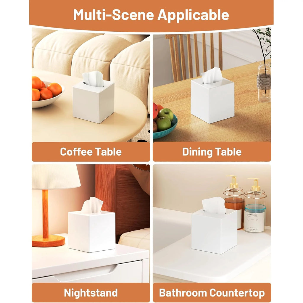 Asoricing Tissue Box Cover, Square Plastic Tissue Box Holder with Anti Slip Base, Modern Decor Facial Napkin Holder for Bathroom Vanity Countertop, Bedroom Dresser, White